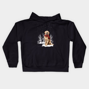 Christmas Golden Retriever With Scarf In Winter Forest Kids Hoodie